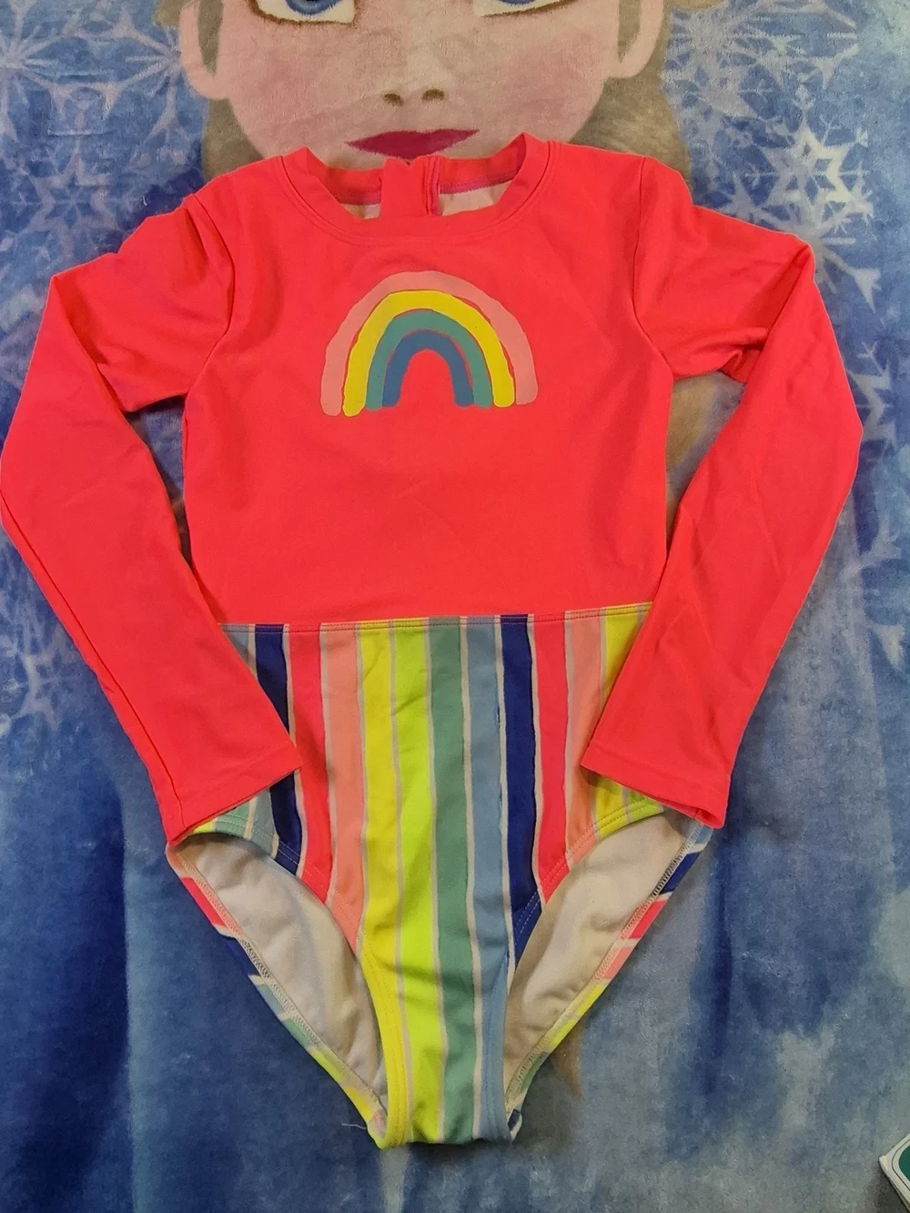 Cat & Jack Bright Coral Long-Sleeve Rainbow One-Piece Swimsuit